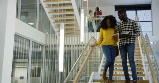 学生の大学での休憩中、階段を降りて歩いてとモダンな素敵な建物で話の若いアフリカ系アメリカ人カップル。屋内 — ストック動画
