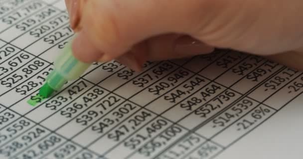 Close up of the chart with numbers, currencies and per cents lying on the table and female hand marking them with green colour. Macro — Stock Video