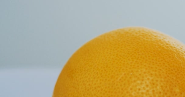 Close up da toranja laranja girando sobre o fundo da parede branca. Macro tiro — Vídeo de Stock