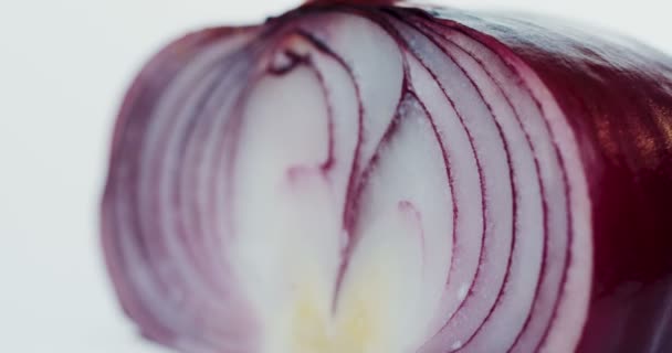 Zvětšení a zmenšení na polovinu roku fialové cibule. Zblízka. Makro fotografování — Stock video