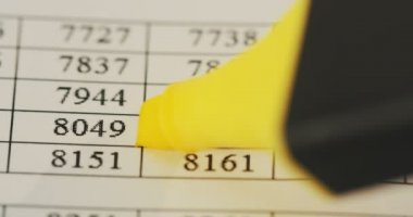 Bankacılık kağıt numaraları, basamak ve sarı marker ile sivri uçlu dışarı toplamlar ile makro çekim. Yakın çekim