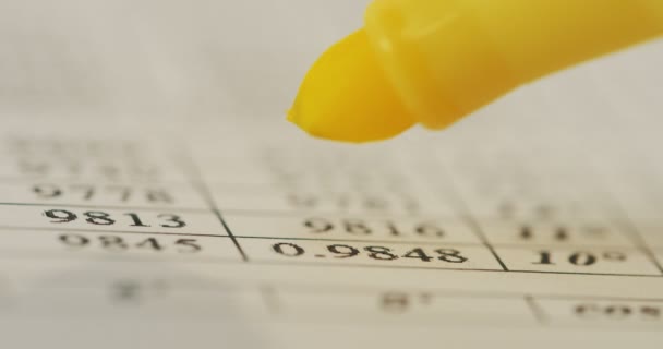Makro i bankdokumentet med siffror och siffror som pekas ut med gul markeringsfärg. Närbild — Stockvideo