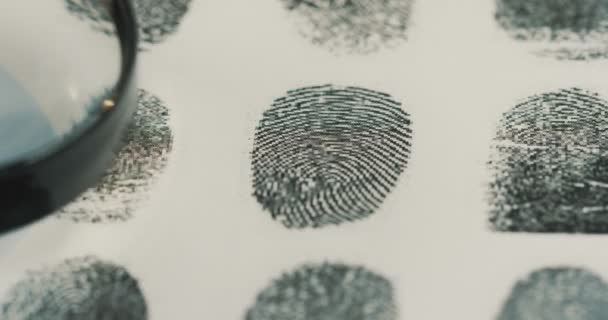 Macro shooting of the investigation of the fingerprints with a magnifying glass. Close up — Stock Video