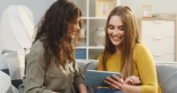 Portret shot van de twee vriendinnen zittend op de Bank in de gezellige kamer en lachen terwijl roddelen over iets wat ze zien op het tablet-scherm. Binnenshuis — Stockvideo