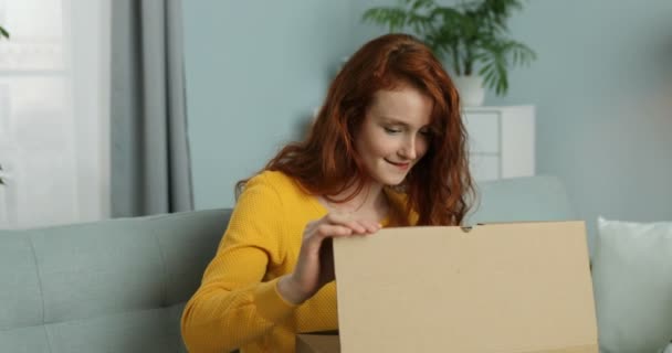 Feliz joven mujer caucásica con paquete de cartón de apertura de pelo rojo y sonriendo mientras está sentado en el sofá en la sala de estar. alegre pelirroja chica sacando pequeñas cajas de cartón caja en sofá en casa . — Vídeos de Stock