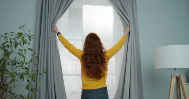 Posteriore di giovane donna caucasica con lunghi capelli ricci rossi in piedi in soggiorno alla finestra e l'apertura di tende al mattino. Vista posteriore. Ragazza che inizia la sua giornata . — Video Stock