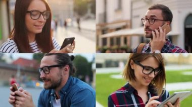 Kentteki farklı beyaz insanların kolajı. Akıllı telefonlarda mesajlaşan kadın ve erkek kompozisyonu. Tableti açık havada tıkırdatan mutlu bir kız. Telefonda konuşan yakışıklı bir adam. Dinlenme kavramı