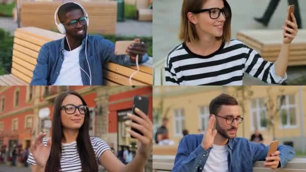 Collage verschiedener multiethnischer junger Menschen, die im Freien auf Smartphones chatten. Multiscreen auf verschiedenen Männern und Frauen, die Videoanrufe auf der Straße führen. Hübsches Mädchen macht Selfie und gibt Daumen hoch — Stockvideo