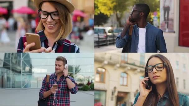 Collage verschiedener multiethnischer Menschen, die mit dem Smartphone durch die Stadt laufen. Multiscreen auf männlichen und weiblichen Telefonen im Freien. Porträt eines gutaussehenden Mannes, der Musik über Kopfhörer hört Street-Konzept — Stockvideo