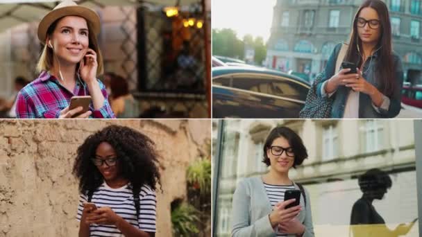 Collage de mujeres felices diferentes razas mixtas con teléfono inteligente al aire libre. Retrato de una chica bonita hablando por teléfono en la calle. Multipantalla en mujeres escuchando música en auriculares. Concepto de ciudad — Vídeo de stock