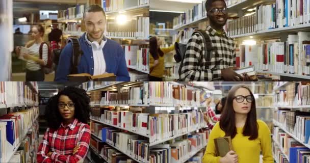 Collage d'heureux étudiants et étudiantes multiethniques souriant à la caméra à la bibliothèque. Multiscreen sur les jeunes gens joyeux de bonne humeur avec des livres. Portrait d'un beau livre de lecture étudiant. Concept d'étude — Video
