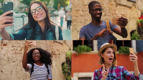 在智能手机上制作自拍照片的快乐的人的多屏幕。在城市里，一群快乐的多种族男女游客对着摄像机微笑。英俊男子在户外视频聊天的肖像 — 图库视频影像