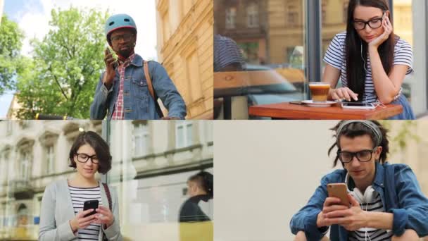 Collage di diverse persone di razze miste all'aperto. Un bell'uomo in bici che parla al telefono. Ragazza che ascolta musica al bar e tocca lo smartphone. Messaggi maschili sul cellulare in strada. Concetto urbano — Video Stock