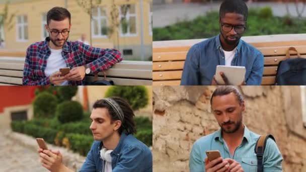 Collage verschiedener Männer gemischter Rassen, die in der Stadt auf Smartphones tippen. Handsome Männchen SMS auf Telefonen im Freien. Junger Mann sitzt auf Bank und blättert auf Tablet in der Stadt. Straßenkonzept — Stockvideo