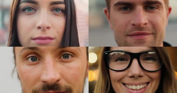 Multiscreen em diversos jovens na rua. Feche o retrato de um homem bonito e feliz. Um tipo engraçado de bom humor. Bela menina caucasiana alegre em óculos sorrindo ao ar livre. Conceito de colagem — Vídeo de Stock