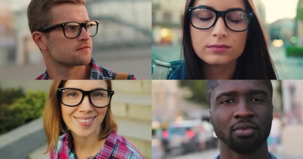 Collage de nombreuses personnes multiethniques debout dans la rue. Multiscreen sur les filles heureuses dans des lunettes souriant à la caméra. Gros plan d'un bel homme en ville. Un jeune homme qui regarde ailleurs en ville. Concept urbain — Video