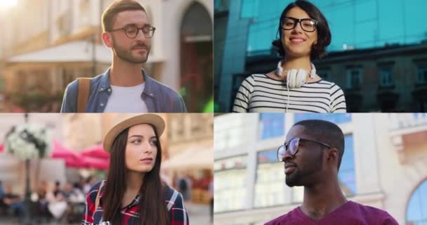 Colagem de diferentes homens e mulheres multiétnicos na cidade. Linda turista feliz em chapéu com câmera fotográfica na rua. Bonito e alegre homem de óculos desviando o olhar. Menina bonita com fones de ouvido — Vídeo de Stock