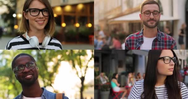 Multiscreen op gelukkige diverse mensen van verschillende rassen buiten. Vrolijke mooie meisjes met een bril glimlachend naar de camera. Knappe vrolijke man in goed humeur op straat. Mensen diversiteit. Collageconcept — Stockvideo