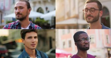 Sokaklarda dikilen farklı melez adamların kolajı. Şehirde mutlu bir adam var. Kameraya gülümseyen yakışıklı beyaz bir erkek. Açık havada gözlüklü Afro-Amerikalı bir adam. Şehir konsepti