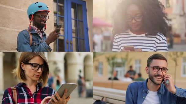 Collage av olika glada unga multietniska människor utomhus. Man i hjälm knacka på smartphone på gatan. Snygg tjej i glasögon som rullar på surfplattan. Snygg man som pratar i telefon. Stadskoncept — Stockvideo