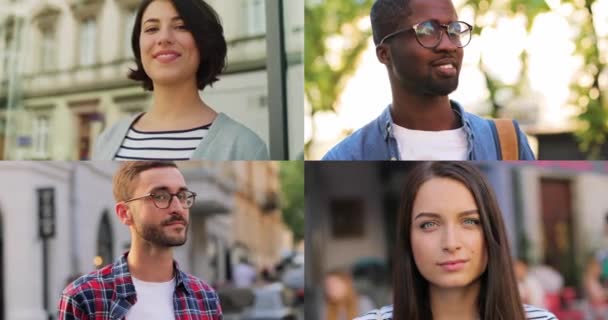 Collage de nombreuses personnes métissées debout dans la rue. Multiscreen sur les filles heureuses souriant à la caméra. Gros plan d'un bel homme agitant la main en ville. Jeune homme à lunettes détournant les yeux. Concept de personnes — Video