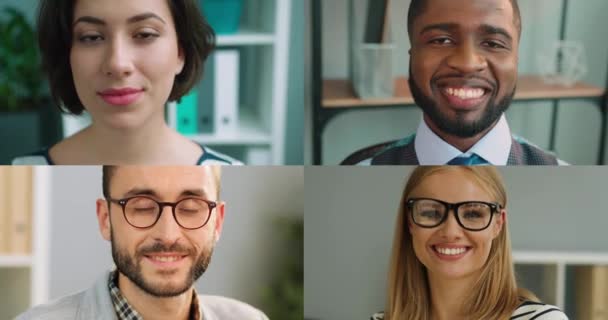 여러 민족으로 구성된 사무실에서 일하는 다양 한 사람들 이 카메라 앞에서 웃고 있습니다. 다양 한 남성 과 여성들 이 직장에서 뭉쳐 있다. 안경을 쓴 행복 한 고용인들은 기분 이 좋다. 다양 한 개념 — 비디오
