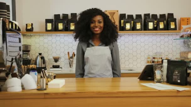 Retrato de barista africana con el pelo castaño rizado cruzando las manos y sonriendo en la cámara en el café . — Vídeos de Stock