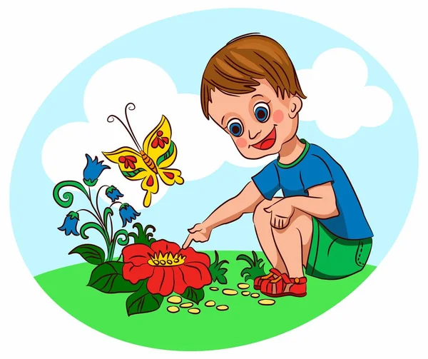 Niño con flor — Vector de stock