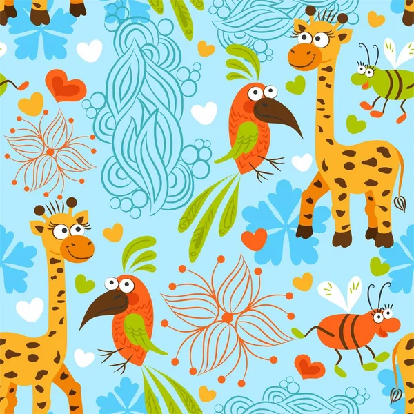 Pattern baby pozadí žirafa papoušek brouk — Stockový vektor