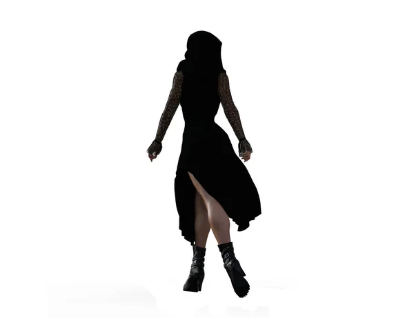 Modelo Mujer Envuelta Vestido Negro Con Capucha Con Mangas Encaje — Foto de Stock