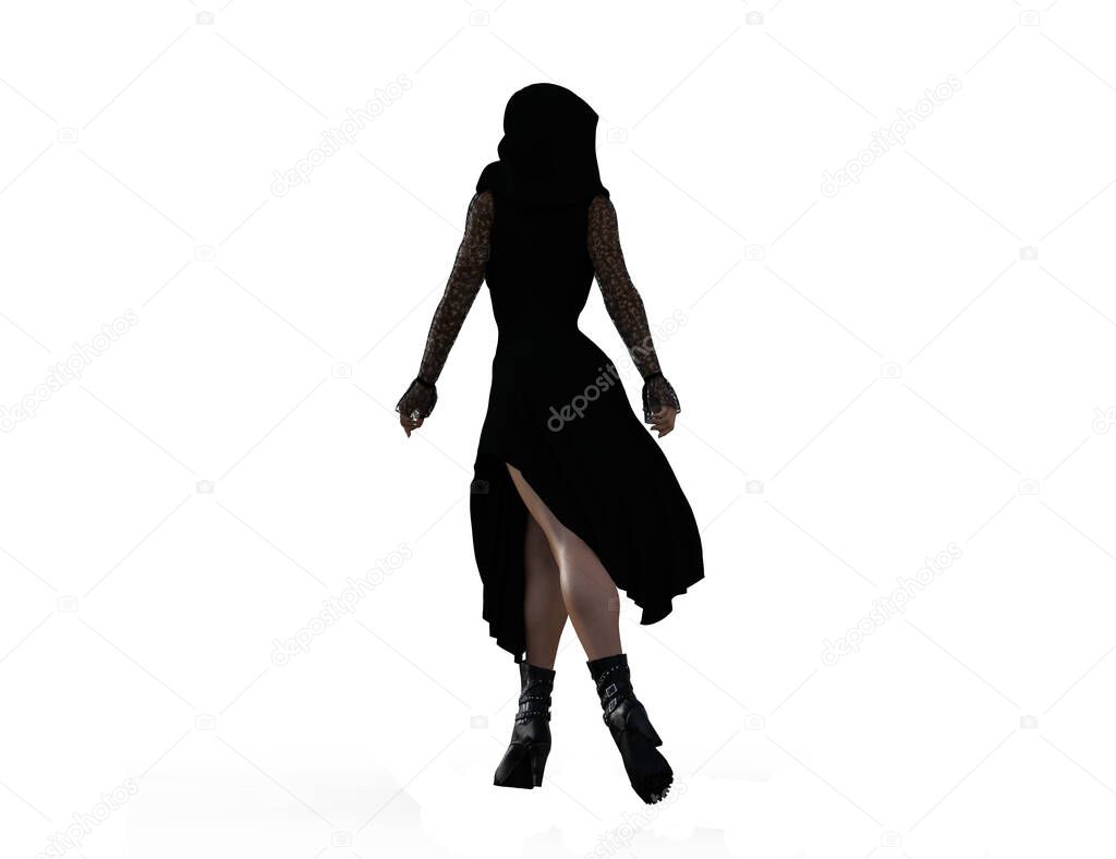 3d model of woman cloaked in a black hooded dress with lace sleeves from behind.
