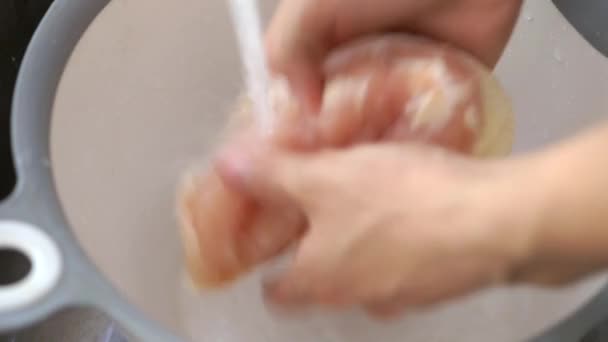 Очищення курячих грудей прісною водою — стокове відео