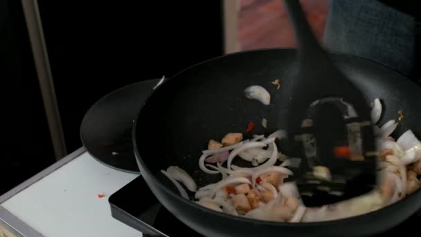 Mélanger la poitrine de poulet frit — Video