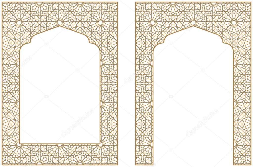 Rectangular frame with traditional Arabic ornament for invitation card.Proportion A4.Brown color.