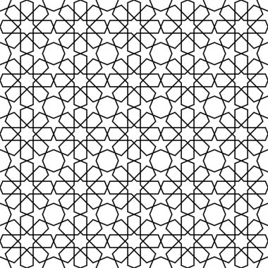 Geleneksel Arap sanatına dayanan kusursuz geometrik süs. Müslüman mozaiği. Siyah beyaz çizgiler. Kumaş, tekstil, kapak, ambalaj kağıdı, arka plan, lazer kesme için harika tasarım..