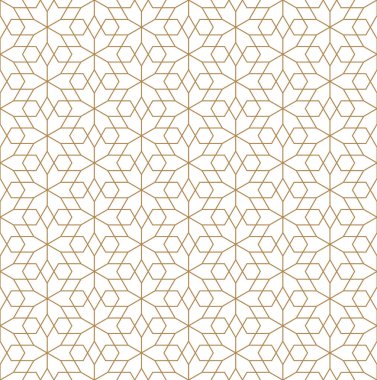 Japon süslemesi Kumiko 'ya dayanan kusursuz desen. Altın renkli ince çizgiler. Altıgen ızgara..