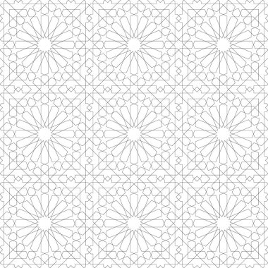 Geleneksel Arap sanatına dayanan kusursuz geometrik süsleme. Siyah çizgiler ve beyaz arkaplan. Kumaş, tekstil, kaplama, ambalaj kağıdı, arka plan..