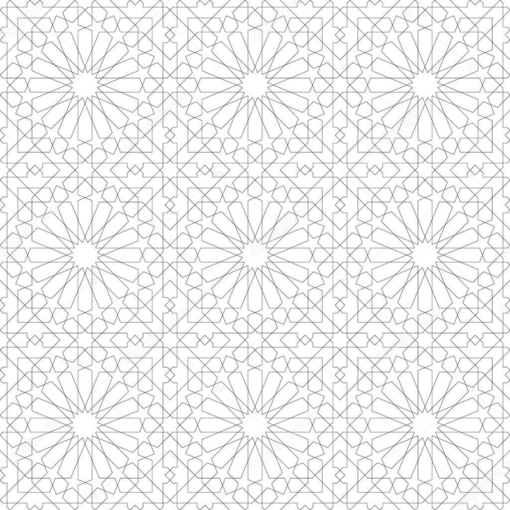 Seamless geometric ornament based on traditional arabic art.Black lines and white background.Great design for fabric,textile,cover,wrapping paper,background.Ultra-thin lines.