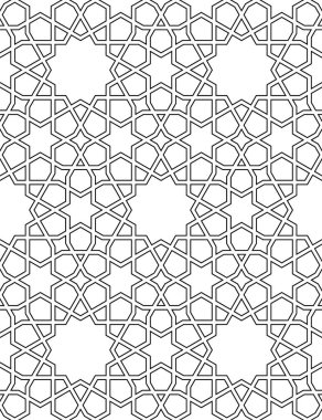Geleneksel Arap sanatına dayanan kusursuz geometrik süs. Müslüman mozaiği. Siyah beyaz çizgiler. Kumaş, tekstil, kapak, ambalaj kağıdı, arka plan, lazer kesme için harika tasarım..