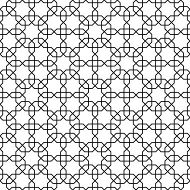 Geleneksel Arap sanatına dayanan kusursuz geometrik süs. Siyah çizgiler ve beyaz arkaplan. Kumaş, tekstil, kapak, ambalaj kağıdı, arka plan kalınlığı çizgileri için harika tasarım..