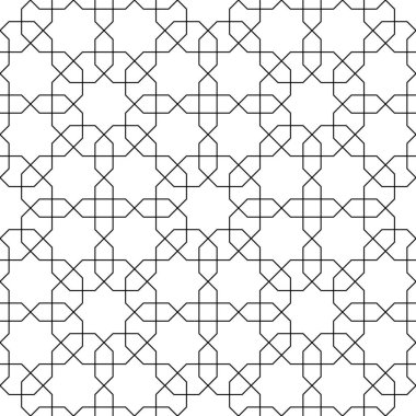 Geleneksel Arap sanatına dayalı kusursuz geometrik süs. Siyah çizgiler ve beyaz arkaplan. Kumaş, tekstil, kapak, ambalaj kağıdı, arka plan için harika tasarım..