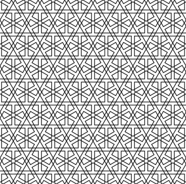Geleneksel Arap sanatına dayanan kusursuz geometrik süs. Siyah çizgiler ve beyaz arkaplan. Kumaş, tekstil, kapak, ambalaj kağıdı, arka plan kalınlığı çizgileri için harika tasarım..