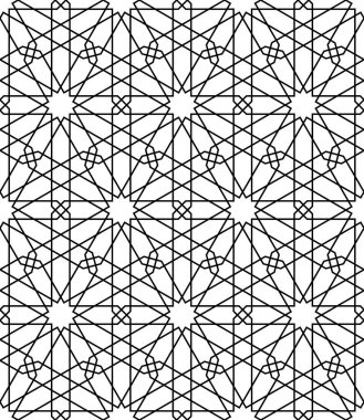 Geleneksel Arap sanatına dayalı kusursuz geometrik süs. Siyah çizgiler ve beyaz arkaplan. Kumaş, tekstil, kapak, ambalaj kağıdı, arka plan için harika tasarım..