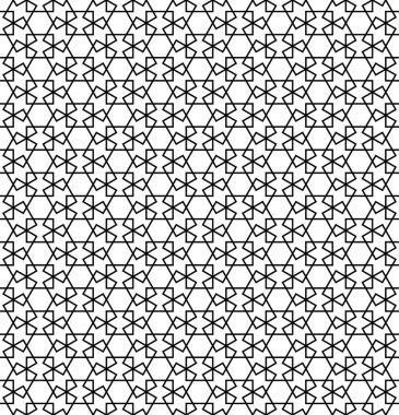 Geleneksel Arap sanatına dayanan kusursuz geometrik süs. Siyah çizgiler ve beyaz arkaplan. Kumaş, tekstil, kapak, ambalaj kağıdı, arka plan kalınlığı çizgileri için harika tasarım..