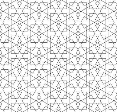 Geleneksel Arap sanatına dayalı kusursuz geometrik süs. Siyah çizgiler ve beyaz arkaplan. Kumaş, tekstil, kapak, ambalaj kağıdı, arka plan için harika tasarım..