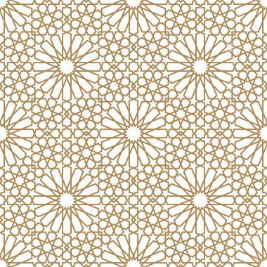 Geleneksel Arap sanatına dayalı kusursuz geometrik süslemeler. Kahverengi renk çizgileri. Kumaş, tekstil, kapak, ambalaj kağıdı, arka plan..
