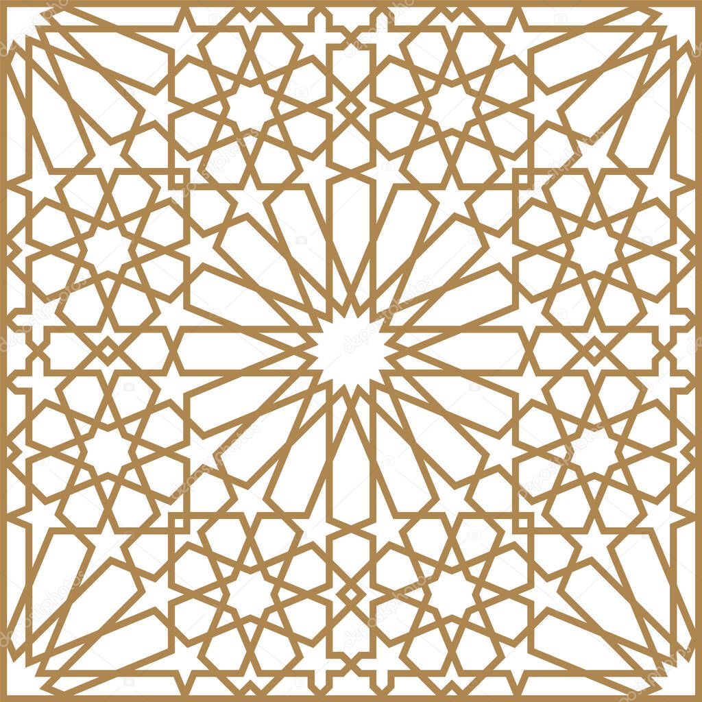 Seamless geometric ornament based on traditional arabic art.Brown color lines .Great design for fabric,textile,cover,wrapping paper,background.Thick lines.Pattern in FRAME.