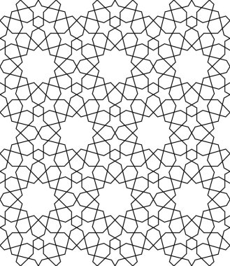 Geleneksel Arap sanatına dayanan kusursuz geometrik süs. Siyah çizgiler ve beyaz arkaplan. Kumaş, tekstil, kapak, ambalaj kağıdı, arka plan kalınlığı çizgileri için harika tasarım..
