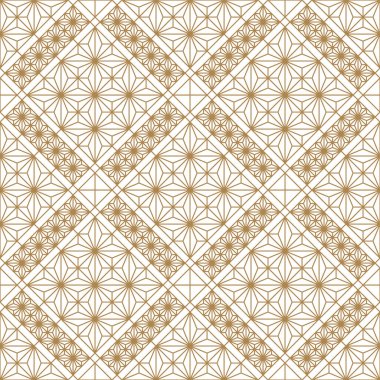Dikişsiz geometrik desen, baskı için büyük tasarım, lazer kesim, gravür, sarma. Desen arka plan vektörü. Altın ve beyaz. Ortalama kalınlık çizgileri.