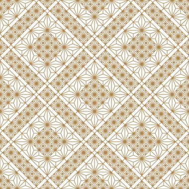 Dikişsiz geometrik desen, baskı için büyük tasarım, lazer kesim, gravür, sarma. Desen arka plan vektörü. Altın ve beyaz. Ortalama kalınlık çizgileri.